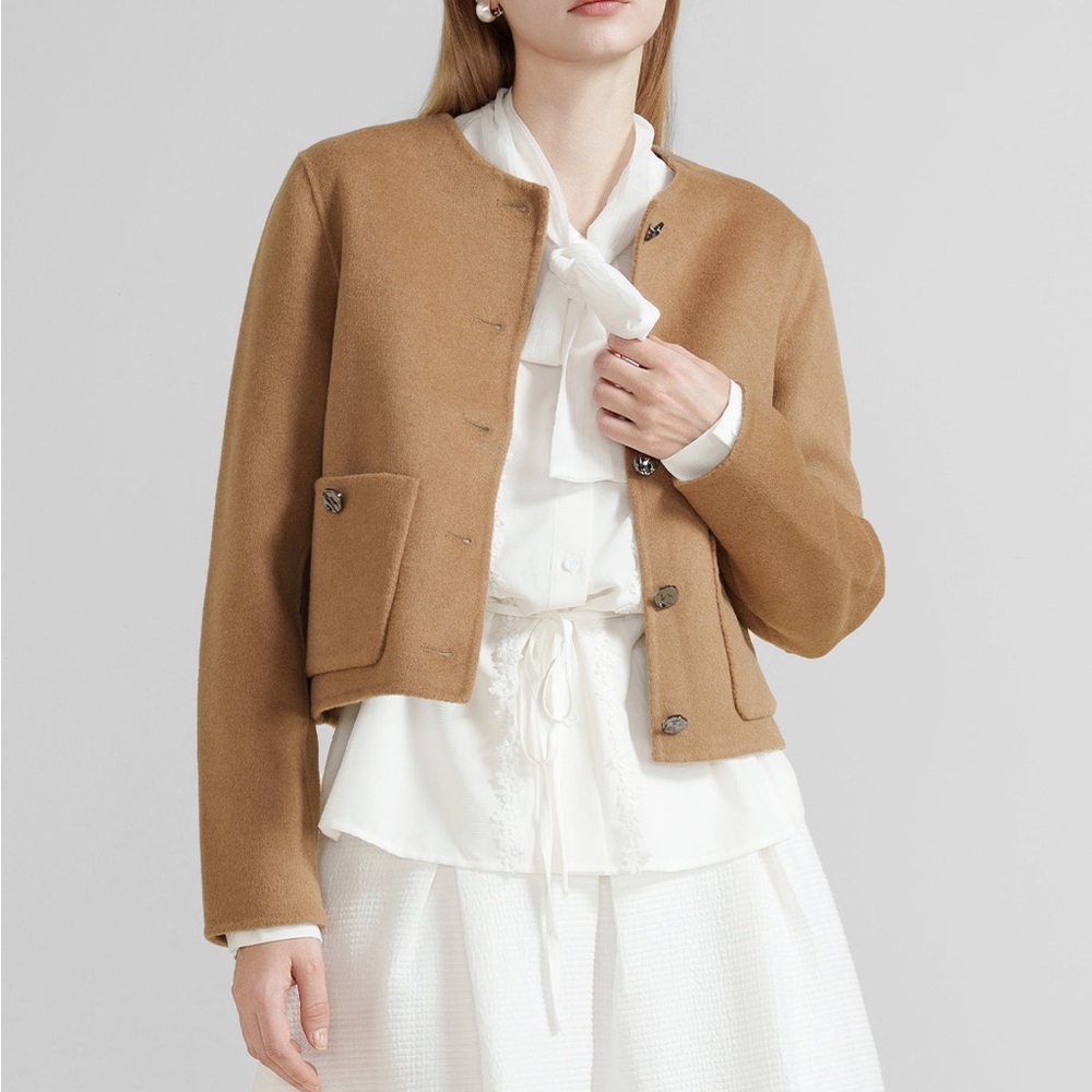 S Deer - Chic Tan Lightweight Round Neck Woolen Cropped Jacket